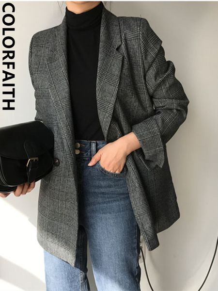 

womens suits blazers colorfaith plaid double breasted pockets formal jackets checkered winter spring outerwear jk7113 230817, White;black