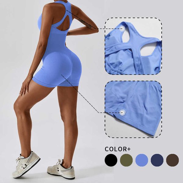 

lulu shorts yoga jumpsuit seamless fitness suit hollow out back ribbed bicycles sports bodysuit women gym workout push up tights