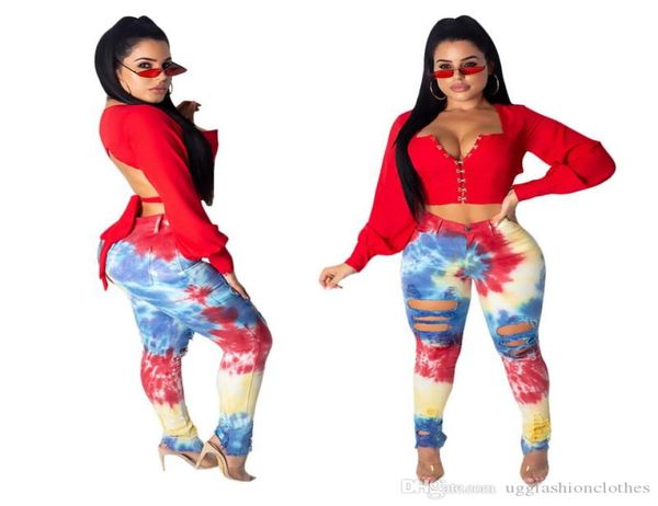 

women holes printed designer jeans skinny floral distrressed ladies pencil pants streetwear colorful womens clothing4770219, Blue