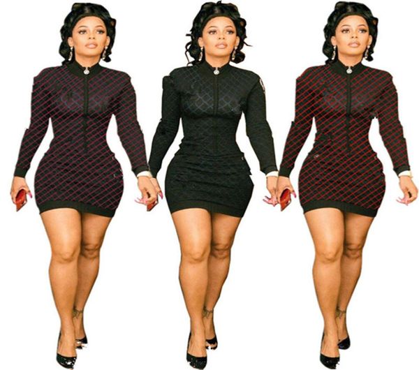 

women mini dresses long sleeve short skirts bodycon fall winter casual clothing stripe letter stand collar dresses dhl 15906806008, Black;gray