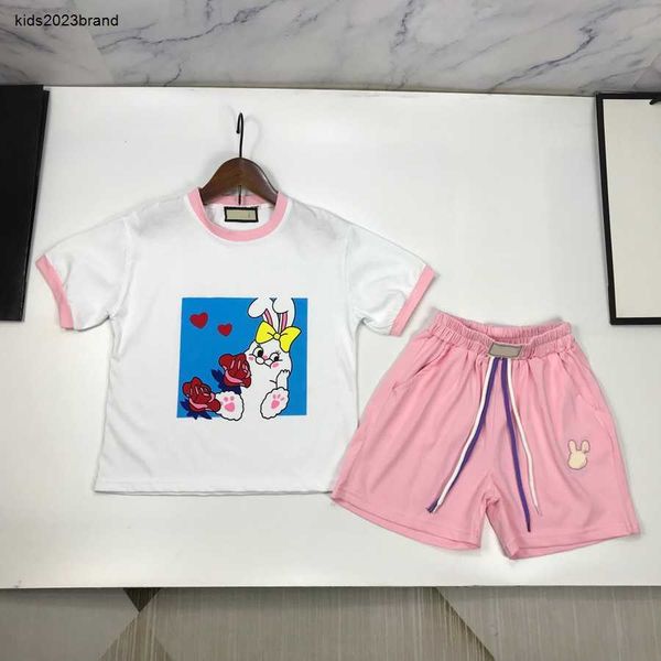 

designer baby clothes kids tracksuits girl suits size 120-160 cm cute rabbit print t-shirt and cute pink shorts june27, White