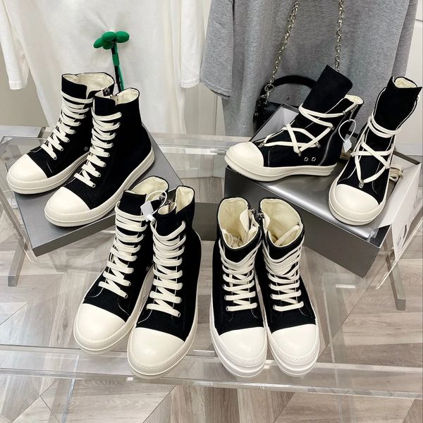 

designer winter boots rick owens sneakers luxury shoes r o new thick sole elevated couple leather canvas casual breathable short boots women, Black