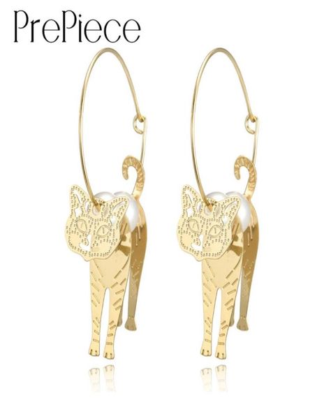 

charm prepiece trendy pearl hoop earrings for women gold color imitation 3d cute animal cat handmade fashion jewelry pe14233067794, Golden