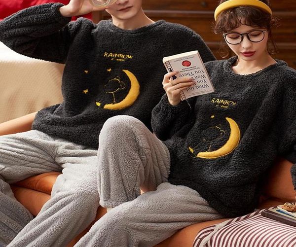 

men039s sleepwear pajamas for couples set thick warm coral fleece homewear winter lounge clothing soft loose women home clothes1771901, Black;brown