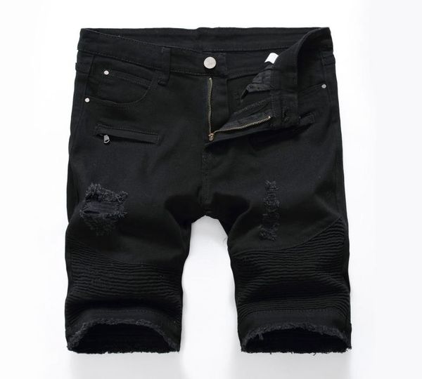 

men denim shorts knee length slim fit large size black and white hole worn out biker short jeans5585039, Blue