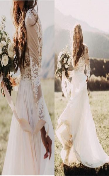 

bohemian country wedding dresses with sheer long sleeves bateau neck a line lace applique chiffon boho bridal gowns 151937, White