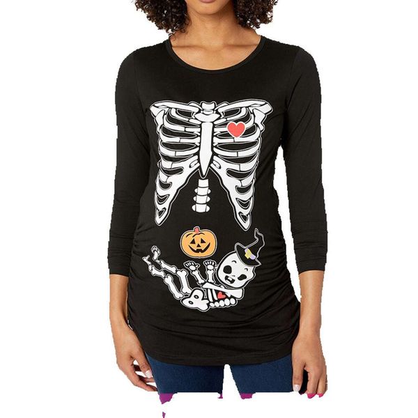 

halloween costumes for women 2023 new halloween women's pregnant women's skull print round neck long sleeve t-shirt top, Black;red