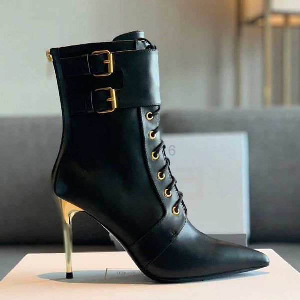 

boots full grain leather stiletto ankle boots buckle rear zipper shoes pointed toes booties women's outdoor shoes luxury designers high, Black