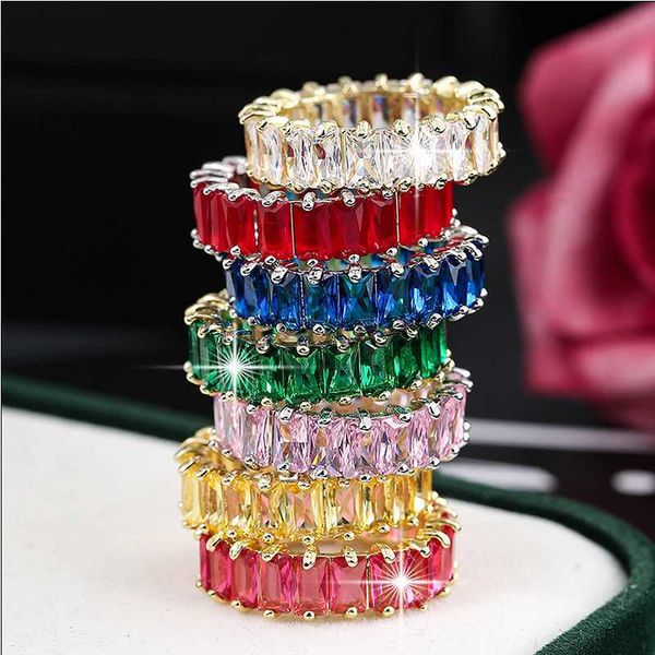

band rings wedding luxury multicolor zirconia ring green classic style sparkling cz crystal bridal jewelry anniversary gift j230817, Silver