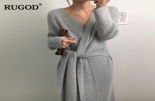

new korean belted cashmere sweater dress women fashion office lady v neck knitted dress winter warm thick vestidos t2001066516210, White;black