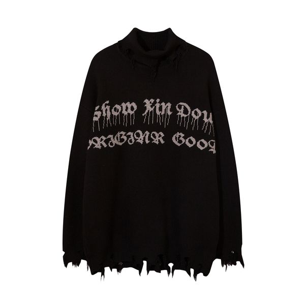 

men's sweaters half high collar gothic women y2k knitted sweaters oversize long sleeve pullovers ripped sweater harajuku winter streetw, White;black