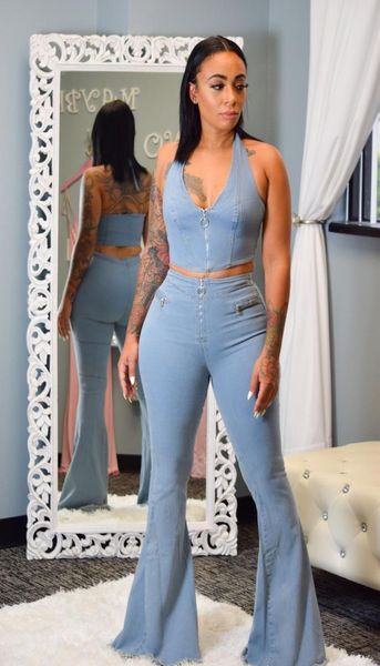 

autumn denim streetwear women039s set halter neck crop wide leg jeans pants suit two piece set elegant tracksuit outfit his4617375, White