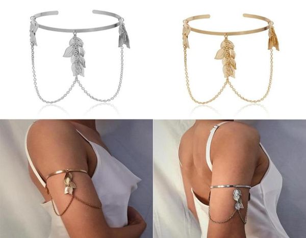 

bangle arm chain retro boho leaves upper cuff armband slave bracelet jewelry bracelete de esqueleto pulseras6531198, Black