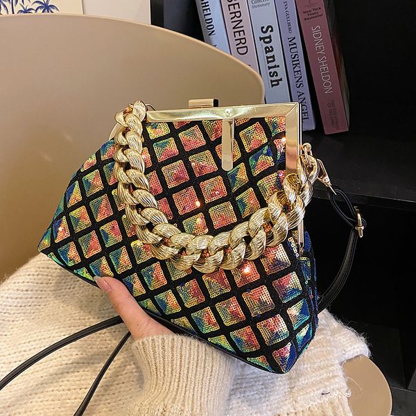 

Factory wholesale ladies shoulder bags 5 colors elegant sequined clutch bag popular asymmetric pinch women dinner bag gold chain fashion backpack 5839#, Blue