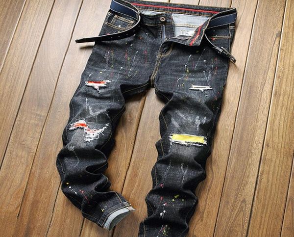 

mens ink graffiti ripped jeans 2021 spring fashion black gray hole denim pants regular fit stretch trousers male9274243, Blue