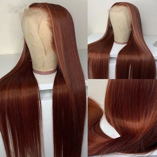 

brazilian reddish brown wigs #33 straight lace frontal wigs simulation human hair for women auburn colored lace closure wigs, Black;brown