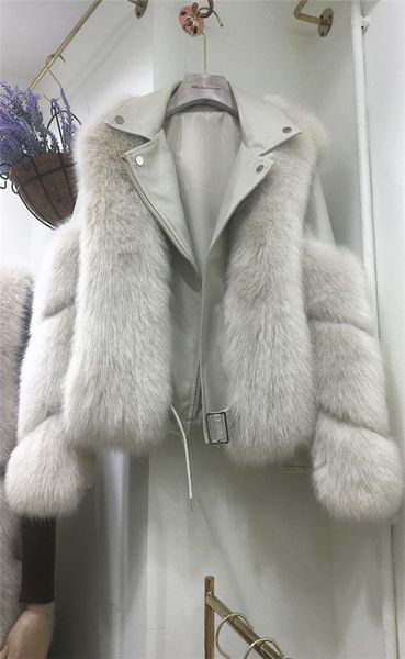 

2020 new design women039s pu leather patchwork turn down collar long sleeve faux fox fur short jacket coat casacos6505379, Black