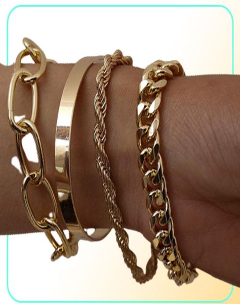 

4pcsset hip hop chunky thick miami curb cuban bracelets bangles punk metal ed rope chain bracelet jewelry gift4425240, Golden;silver
