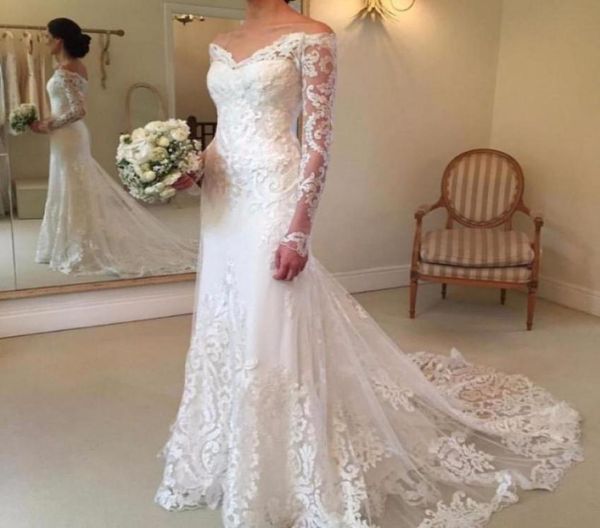 

vestidos de novia 2017 mermaid long sleeves v neck lace appliques ivory white lace vintage bridal gowns court train bride dress7341498143