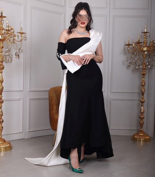 

cyrene711 2024 black mermaid dresses saudi arabia women wear evening party contrast color one shoulder beaded long sleeve prom dress trumpet, Black;red