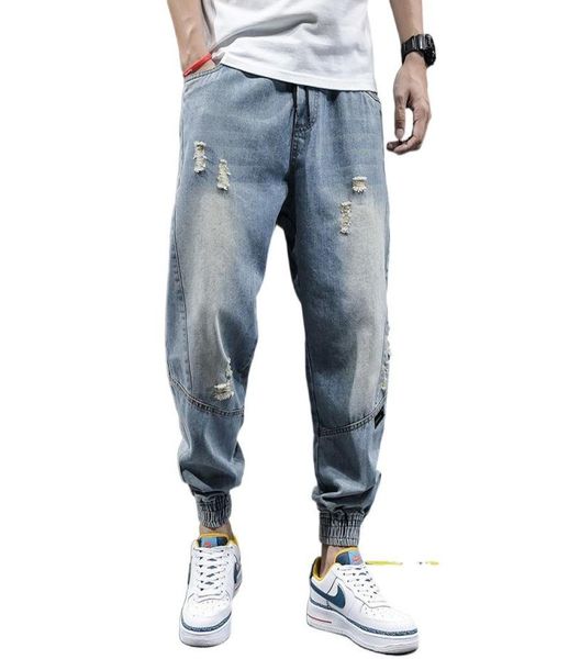 

men039s jeans fashionripped distressedelastic trousership hop for menzippercasual manskullbleached harem pantspencil 8049599, Blue