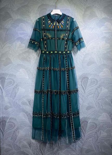 

spring and summer new lapel mesh embroidered long dress0125091963, Black;gray