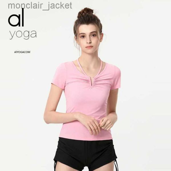 

desginer alos yoga t shirt originspring/summer new suit women's short sleeve v-neck nude fit sports t-shirt sports top, White