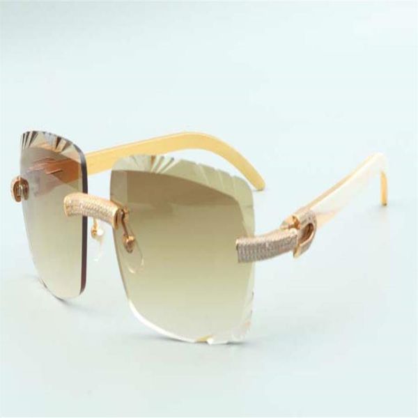 

2021 cutting lens micro-paved diamonds sunglasses 3524020 natural white buffalo horns temples glasses size 58-18-140mm250r, White;black