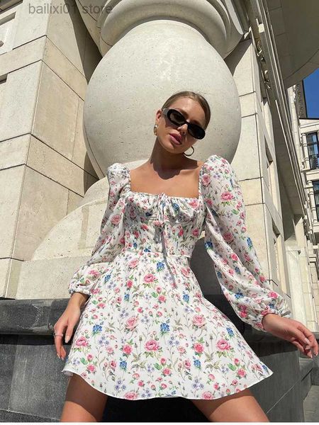 

basic casual dresses summer floral print dress women lantern ruched long sleeve dress tie up mini vestidos sundresses beach dress t230817, Black;gray
