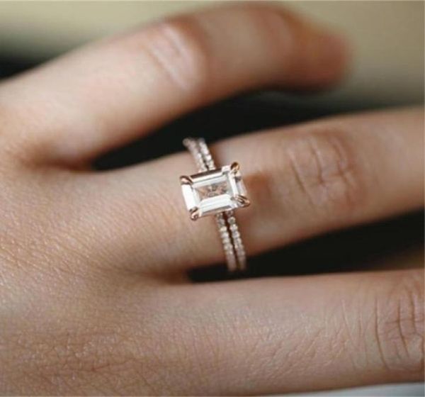 

18k rose gold rings set slim princess morganite proposal gift clear diamond jewelry birthday party engagement wedding band ring8204477565, Silver