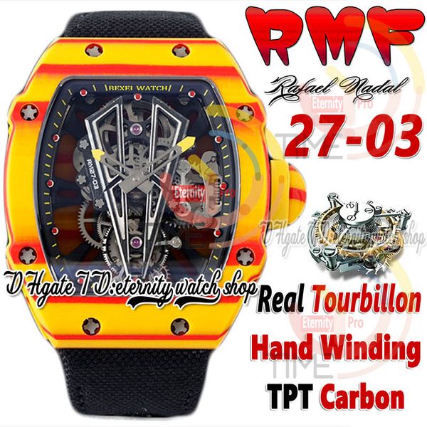 

rmf 27-03 mens watch real tourbillon hand winding red yellow tpt quartz carbon fiber case skeleton dial black nylon strap 2023 super edition, Slivery;brown