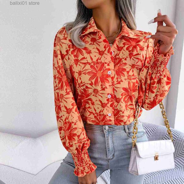 

women's blouses shirts f 2023 new women spring summer casual lantern sleeve contrast flower polo shirt blouses for ladies all match t2, White
