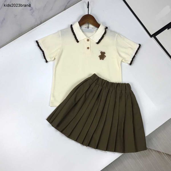 

designer baby clothes kids tracksuits girl suits size 120-170 cm pleated lace design with polo collar and solid pleated skirt june10, White