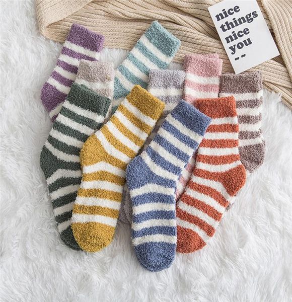 

japanese ladies coral fleece socks winter home striped warm floor socks half fleece thick socks9484771, Black;white