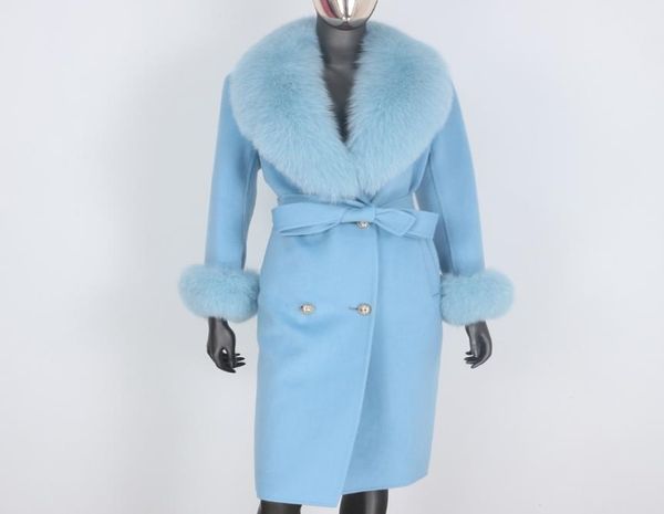 

bluenessfair cashmere wool blends real fur coat double breasted winter jacket women big natural fox fur collar outerwear 2011023930131, Black