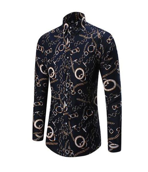 

brand new print gold chain shirts men casual long sleeve slim shirts camisa masculina male fashion floral shirts2500365, White;black