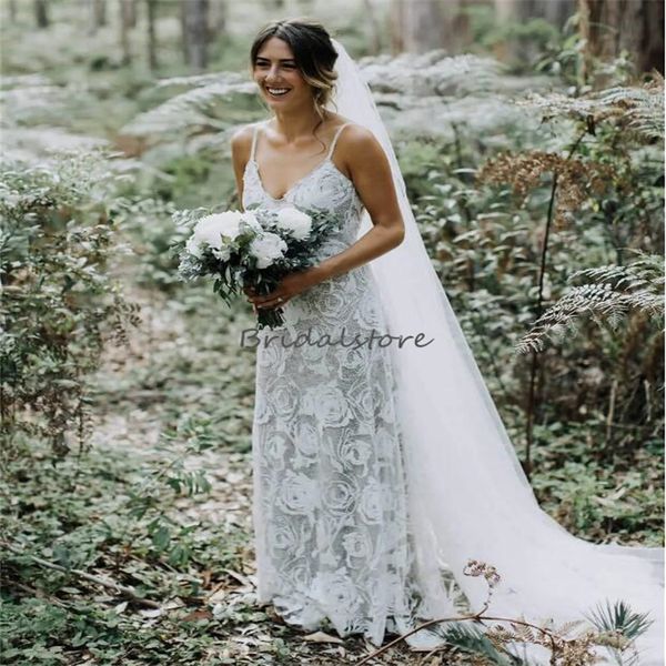 

chic crochet lace boho wedding dress 2023 spaghetti straps backless bride dress civil chic hippies garden bohemian bridal vestidos de novia, White