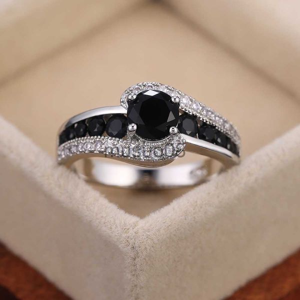 

band rings huitan special-interest black stone women wedding ring dazzling crystal zircon delicate gift female classic jewelry j230817, Silver