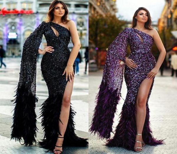 

2020 glitter mermaid evening dresses one shoulder sequined feather long sleeves prom dress ruffle side split sweep train formal pa2827911, Black;red