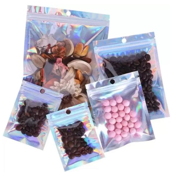 

smoke shop wholesale 100pcs lot resealable plastic retail packaging bags holographic aluminum foil pouch smell proof bag for food storage