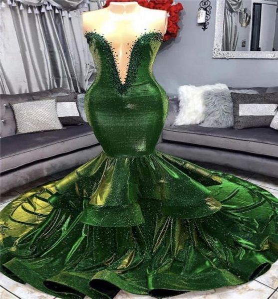 

blingbling sequins dark green mermaid prom dresses backless sweetheart plunging v neck tier ruffles long black girls party ev5655990