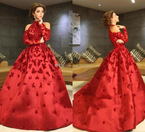 

luxury red myriam fares evening dresses high neck halter long sleeves appliques beaded satin ball gown celebrity dresses formal pr4662902, Black;red