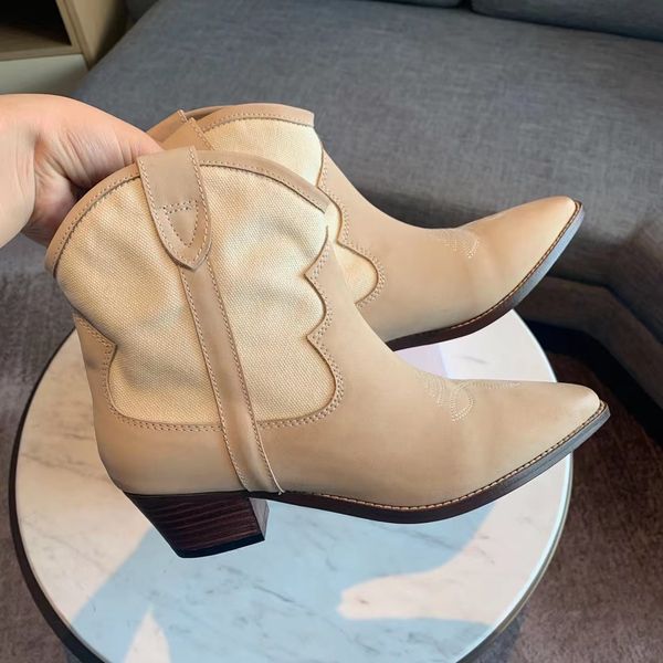 

designer luxury style denim short boots pointed toes western denim genuine leather motorcycle boots fashion women's thick heel knight b, Black