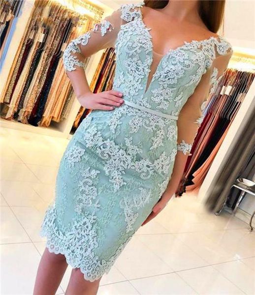 

knee length lace cocktail dresses with applique illusion sleeves club wear dress v neck short prom party gowns3242983, Black