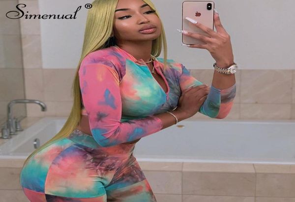 

simenual tye die fitness active wear women matching sets sporty workout two piece tracksuits long sleeve and leggings set y2001742851, White