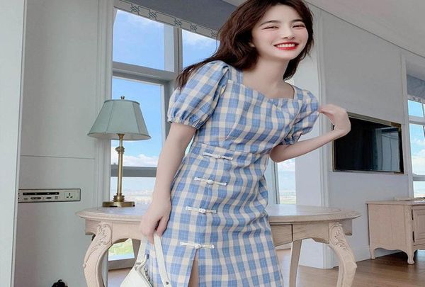 

ethnic clothing modern qipao dress high split short sleeve mid skirt 2021 summer retro blue plaid tunic loose cheongsam dress2194408, Red