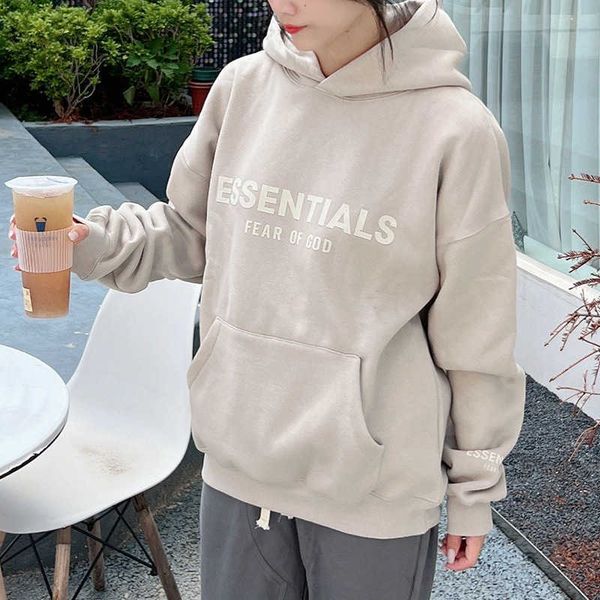 

ess hoodie essentials double thread season 8 flocking print american high street ins fashion brand fog couple hooded sweater for women, Black