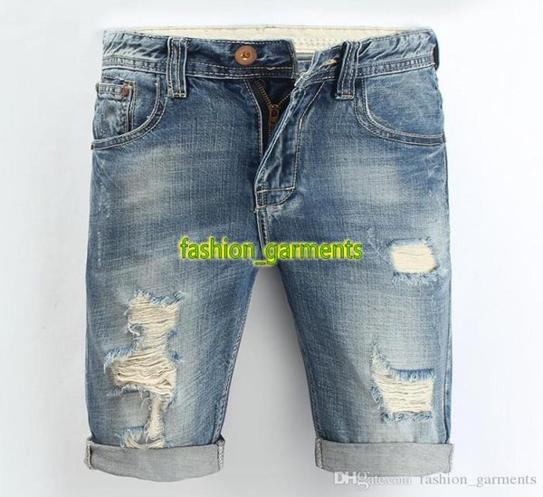 

fashion denim shorts mens hole five pants mens high waist denim pants mens stylist nostalgic washed slim jeans7432202, Blue