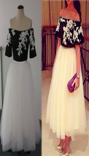 

2015 two pieces set party dresses black and white aline off shoulder lace embroidery tulle skirt ankle length prom gowns rea6891101