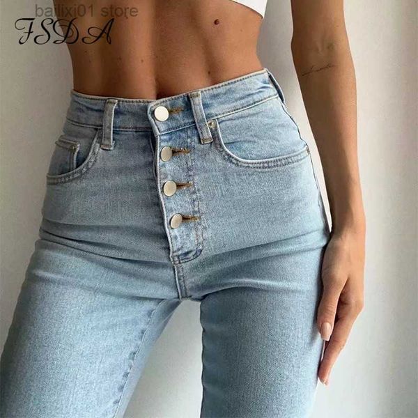 

women's jeans fsda high waist 2020 button jean pants women casual skinny vintage casual black plus size pencil denim trouser stretch t2, Blue